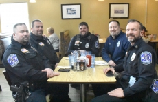 Members of the Lake City Police Department had lunch at the Lake City Family Restaurant Tuesday, a day when the restaurant was donating proceeds to the Lake City Police Department, Fire Department, and Ambulance Service. From left: officers Trevor Zimmerman, Jesse Vold, Tony Cox, Chief Cory Kubista, and Sgt. Bill Weist.